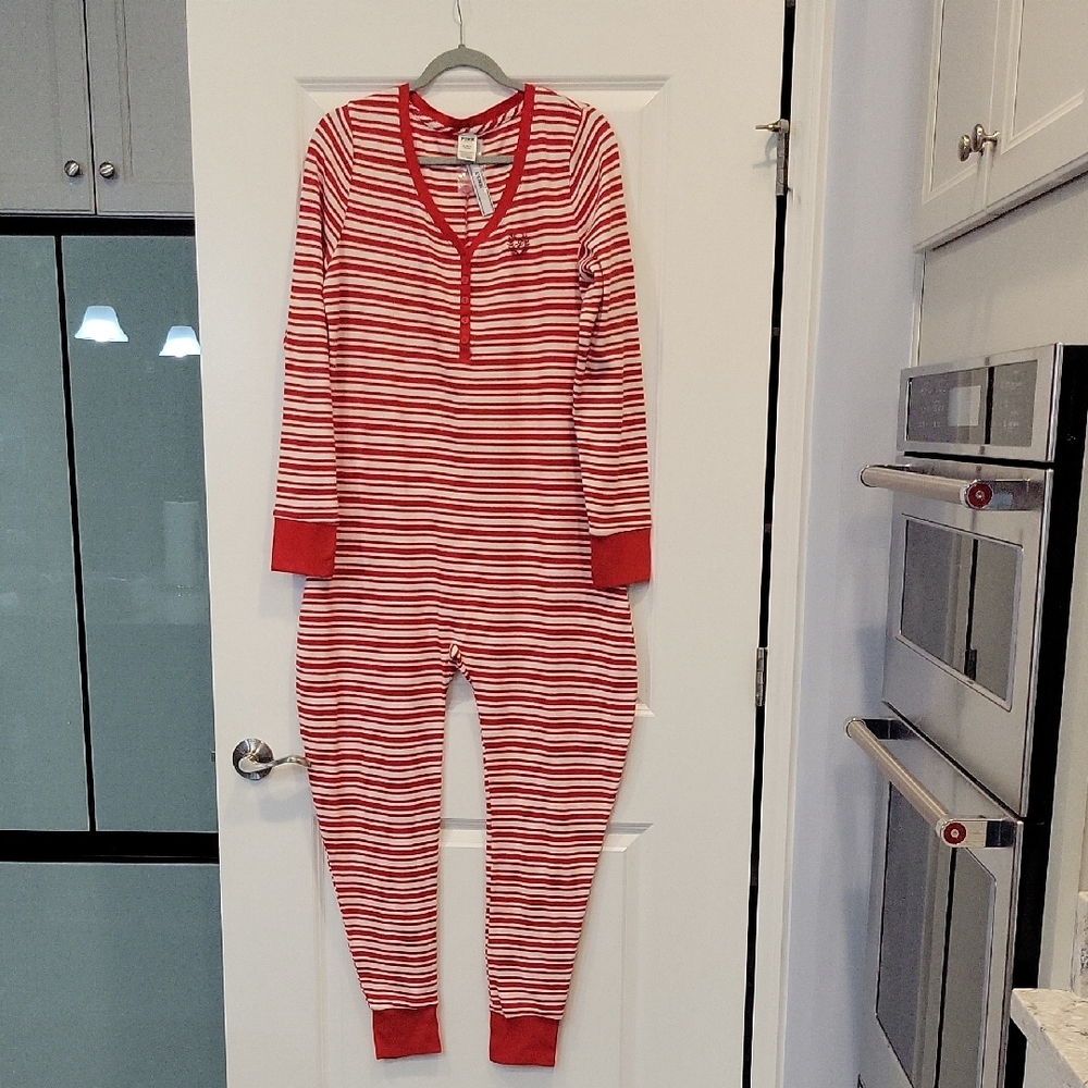 PINK Victoria's Secret Red Striped One Piece Thermal Onesie Pajama Large NWT - Picture 4 of 10